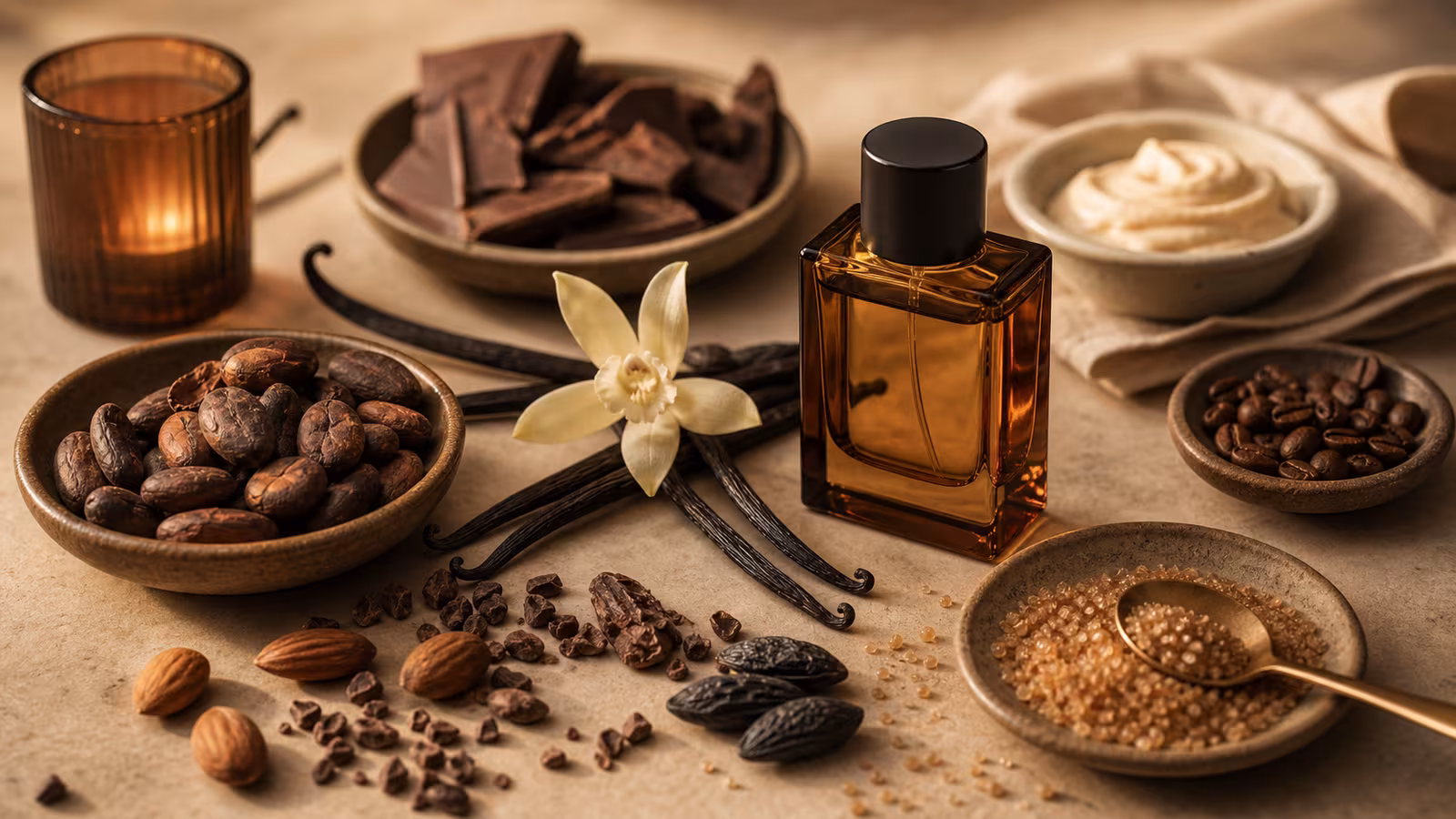 An amber perfume bottle surrounded by vanilla, cacao nibs, toasted sugar, almond, coffee beans, and tonka-like seeds for gourmand fragrance notes.