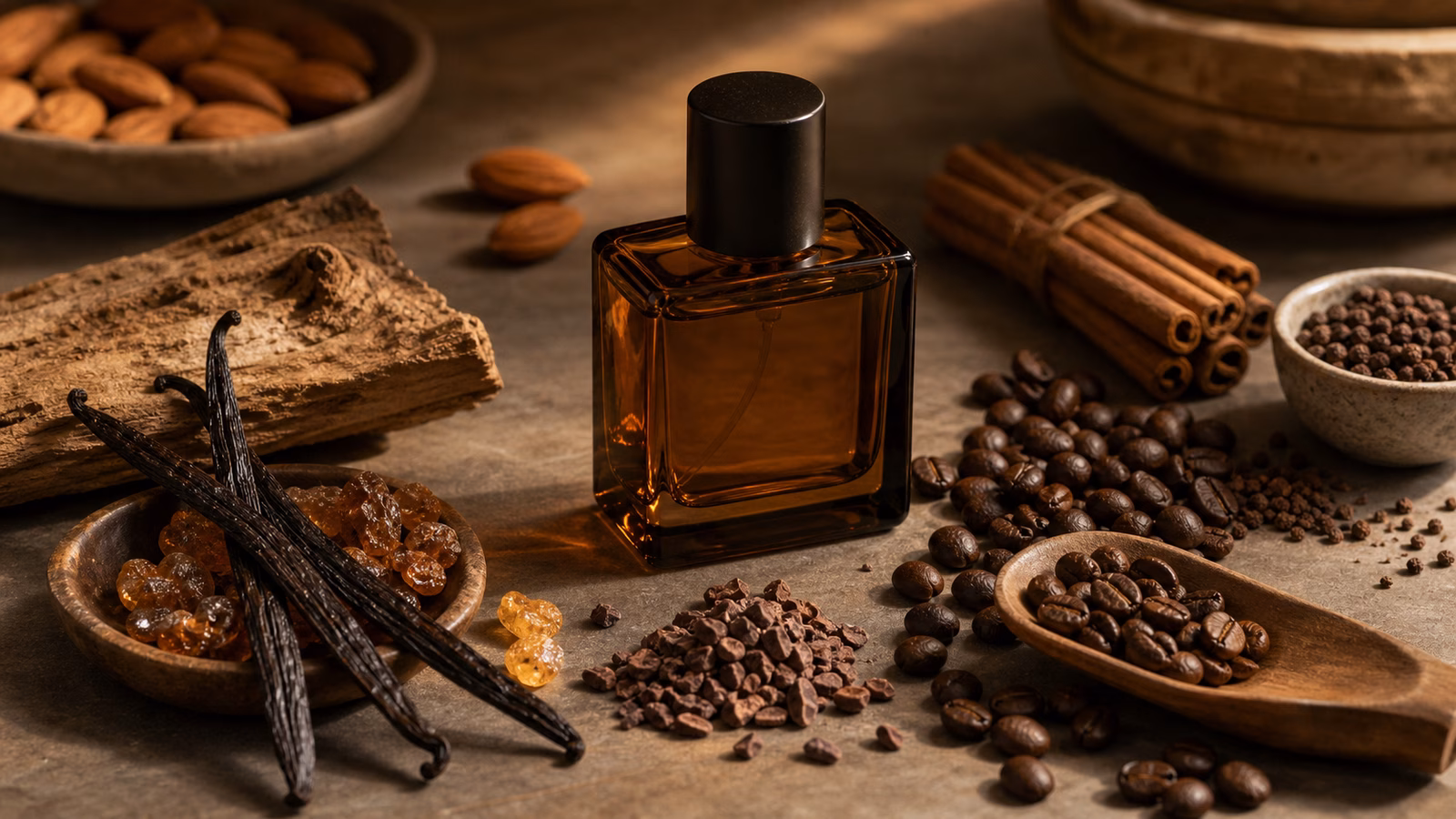 A gourmand scent still life with amber perfume bottle, vanilla pods, cocoa nibs, resin, coffee beans, almond, cinnamon, and cedar