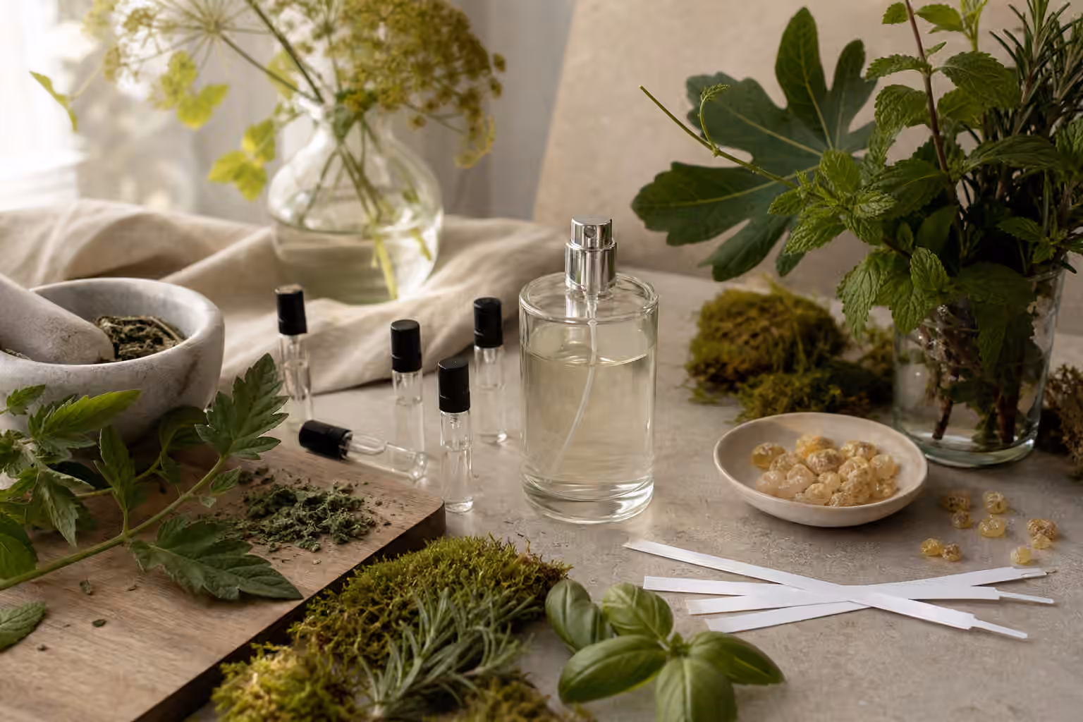 An unbranded perfume bottle with blank sample vials, blotters, green leaves, basil, rosemary, mint, moss, and resin on a fragrance studio workbench.