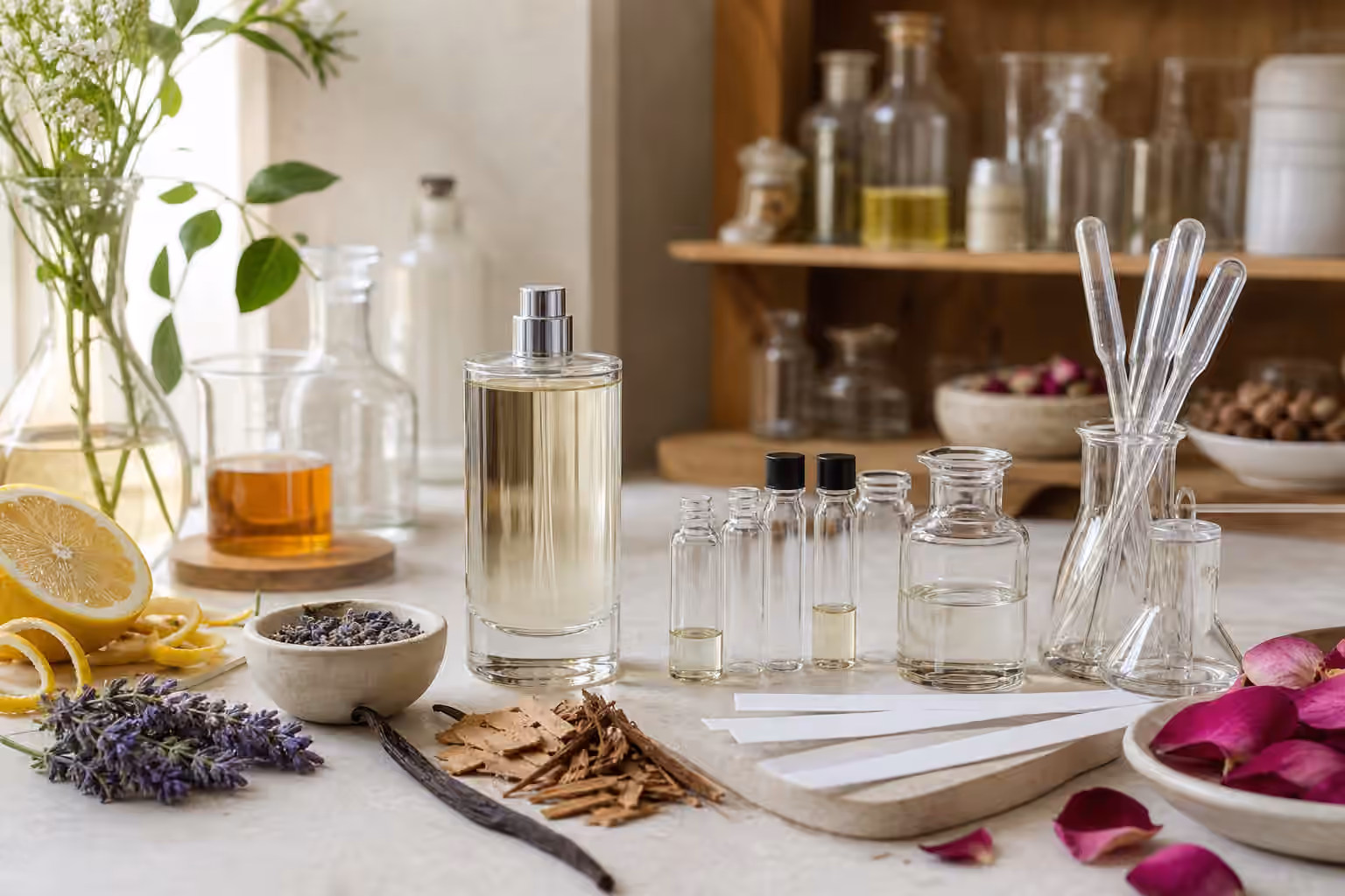 An unbranded perfume bottle with blank vials, pipettes, beakers, citrus peel, rose petals, lavender, cedar chips, and vanilla bean for natural and synthetic fragrance materials.