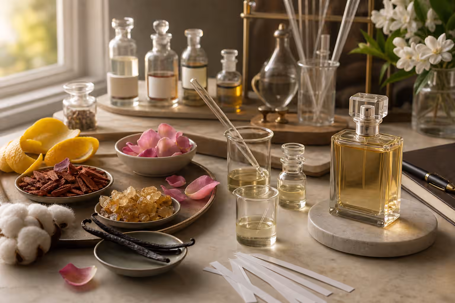 A perfume workbench with unbranded bottles, pipettes, blotter strips, citrus peel, rose petals, cedar chips, vanilla bean, resin, and cotton arranged for blending accords.