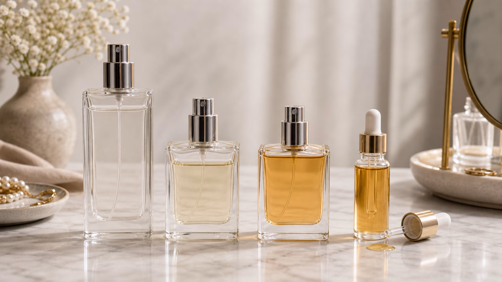 A perfume concentration comparison with unbranded bottles, droppers, spray caps, and neutral vanity styling