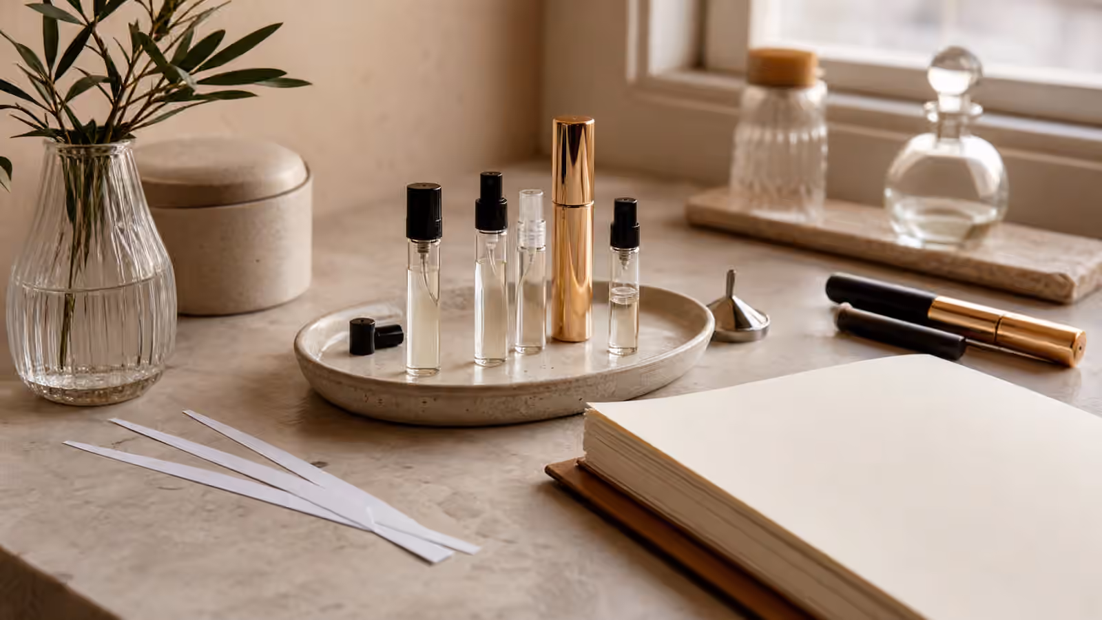 A fragrance desk with unbranded sample vials, travel atomizers, blotter strips, a ceramic tray, a small funnel, and a blank notebook.