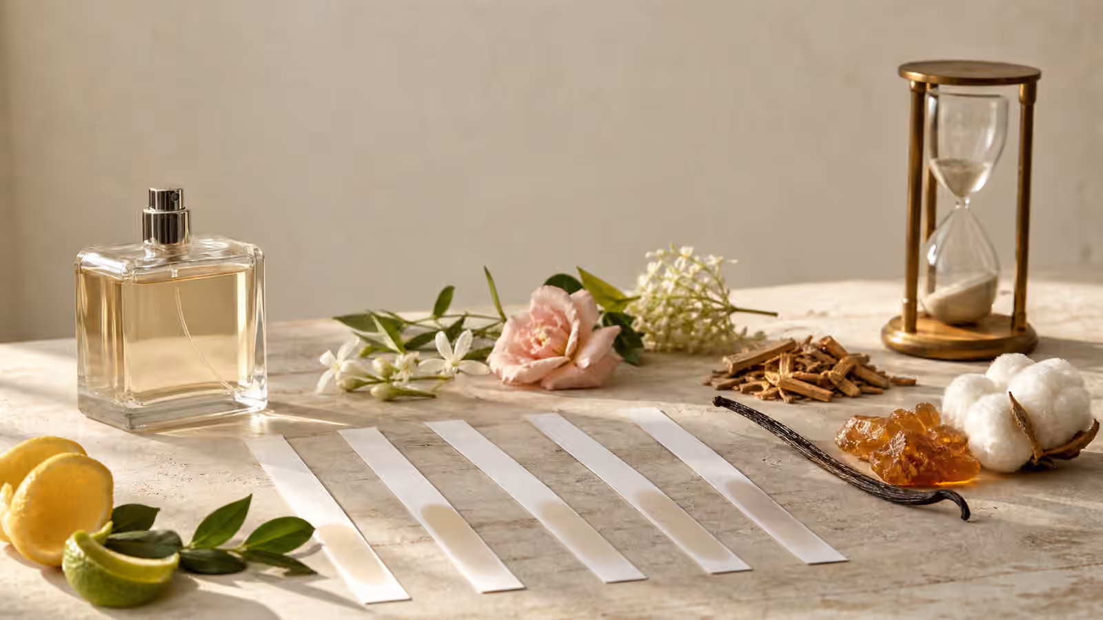 An unbranded perfume bottle with blotter strips, citrus, flowers, woods, amber resin, vanilla, cotton, and an hourglass arranged to show fragrance development.