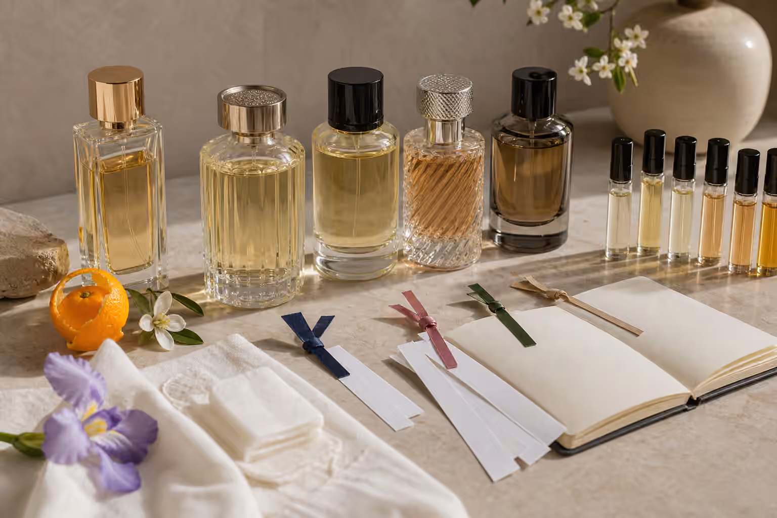A fragrance comparison desk with several related unbranded bottles, sample vials, blotter strips, colored ribbons, and citrus peel.