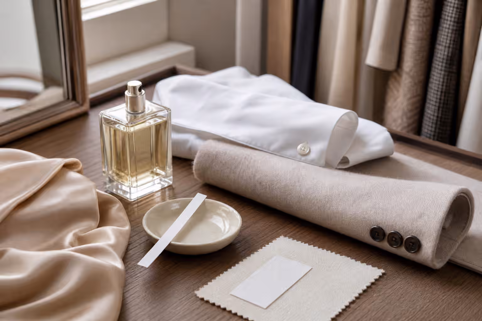 An unbranded perfume bottle beside a pale scarf, wool sleeve, cotton shirt cuff, blotter strip, and fabric swatch on a tidy dressing table.
