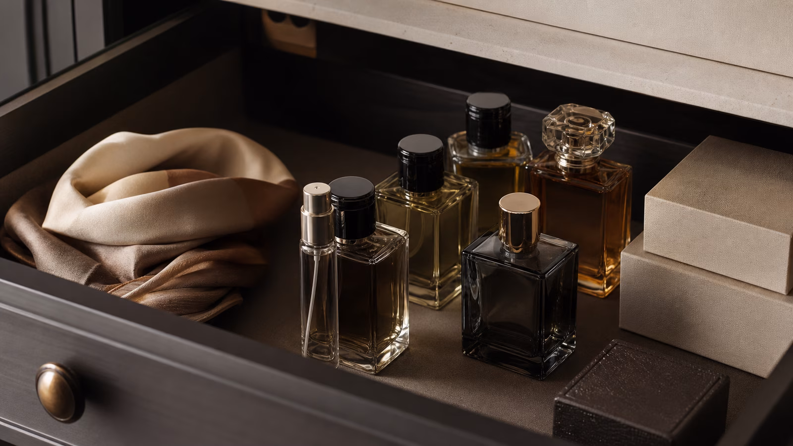 Unbranded perfume bottles stored upright in a dark drawer beside plain boxes