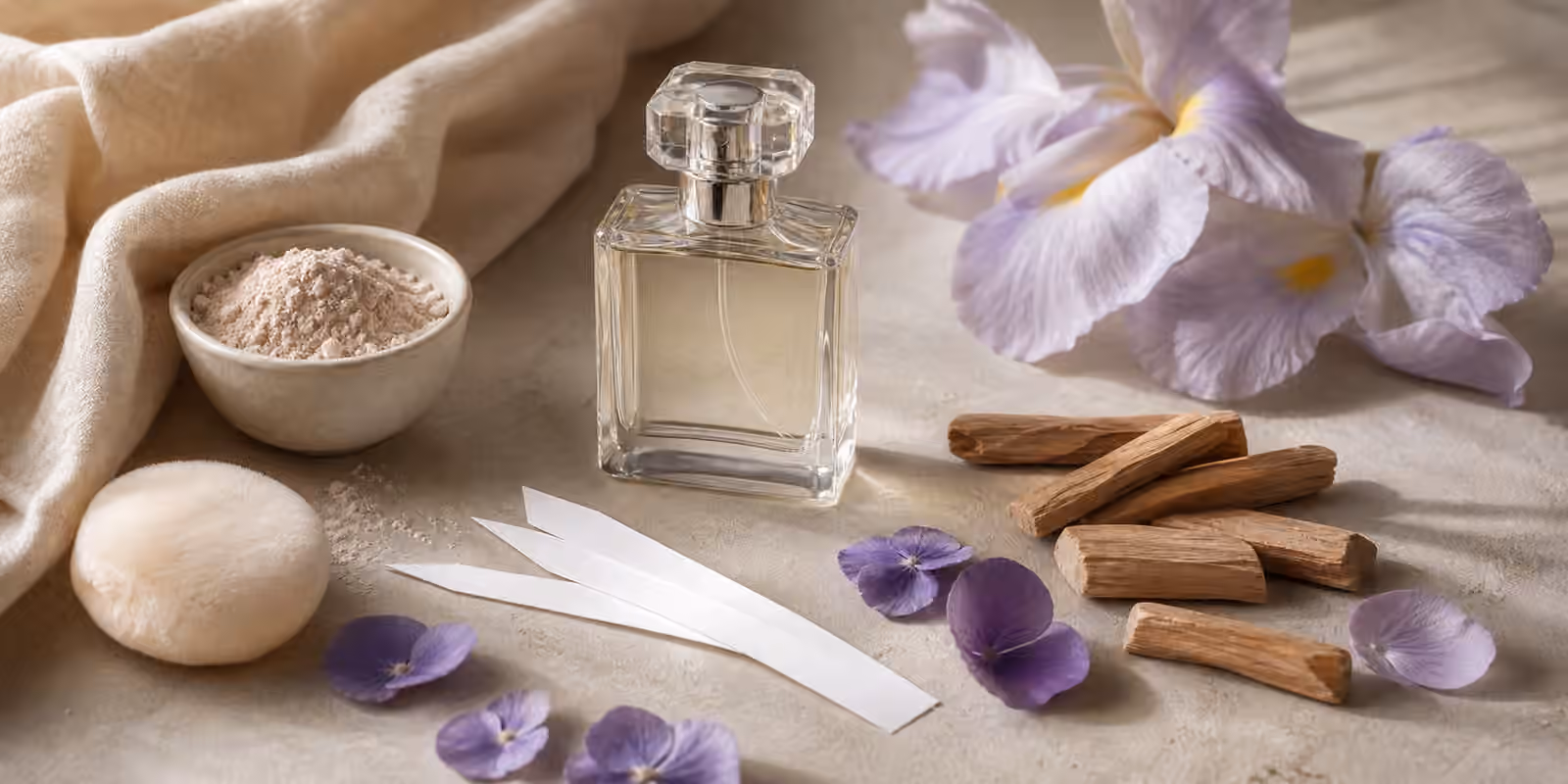 An unbranded perfume bottle with iris petals, violet petals, cosmetic powder, blotters, cotton fabric, and sandalwood.