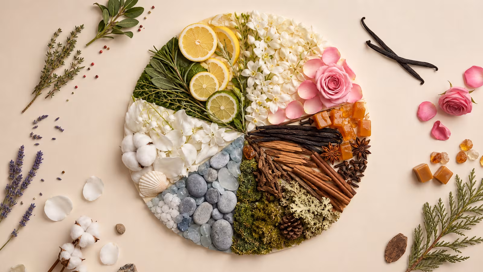 A circular scent family wheel with citrus, herbs, florals, gourmand spices, woods, resins, moss, clean aquatic notes, and cotton-like musks.