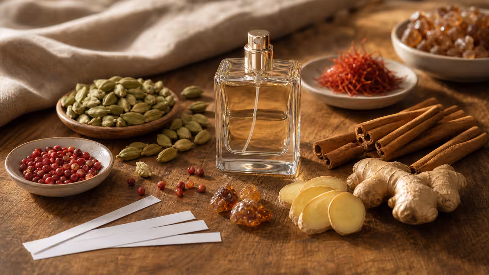 An unbranded clear perfume bottle with cardamom pods, pink peppercorns, cinnamon sticks, ginger slices, saffron-like threads, amber resin, and blotter strips.