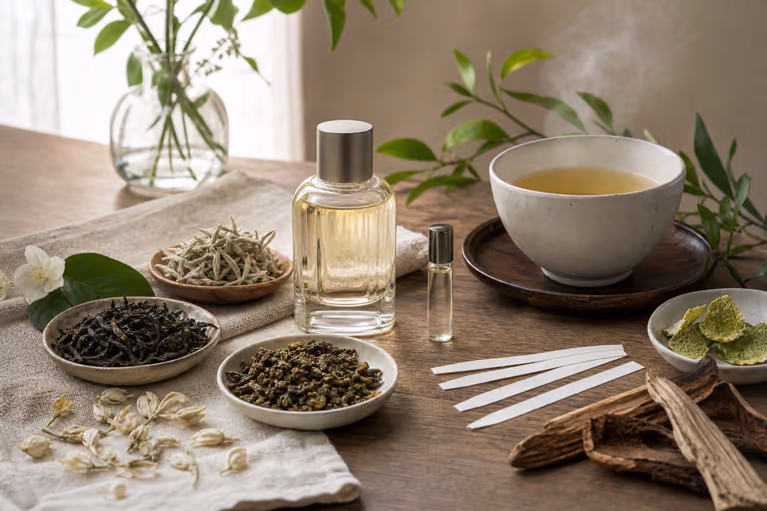 An unbranded perfume bottle with sample vial, blotter strips, ceramic tea cup, green tea leaves, black tea leaves, white tea buds, bergamot peel, jasmine petals, and dry woods.