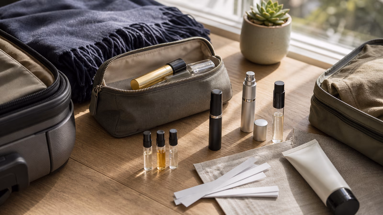 A calm packing surface with unbranded travel atomizers, sample vials, blotter strips, a toiletry pouch, a folded scarf, and a carry-on bag edge.