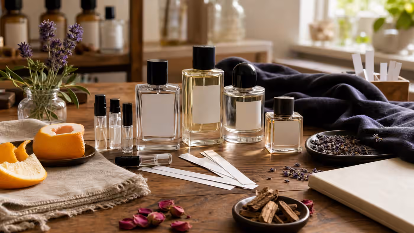 An unbranded fragrance studio workbench with blank bottles, blotters, citrus peel, cedar chips, lavender, rose petals, linen, and fabric.