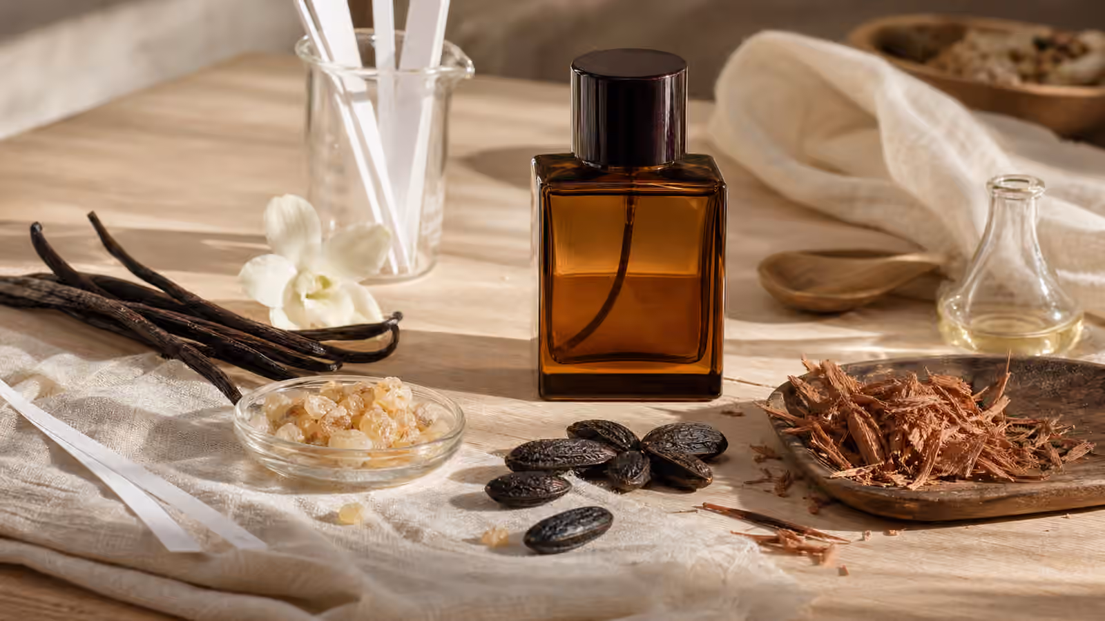 An unbranded amber perfume bottle with vanilla beans, tonka-like seeds, cedar shavings, blotter strips, pale resin, and cream linen.