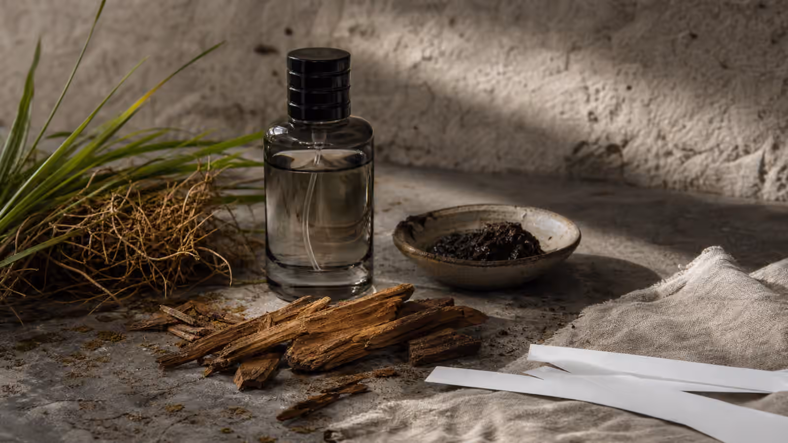 An unbranded smoky glass perfume bottle with vetiver-like grass roots, green blades, cedar pieces, damp earth, blotter strips, and pale linen.