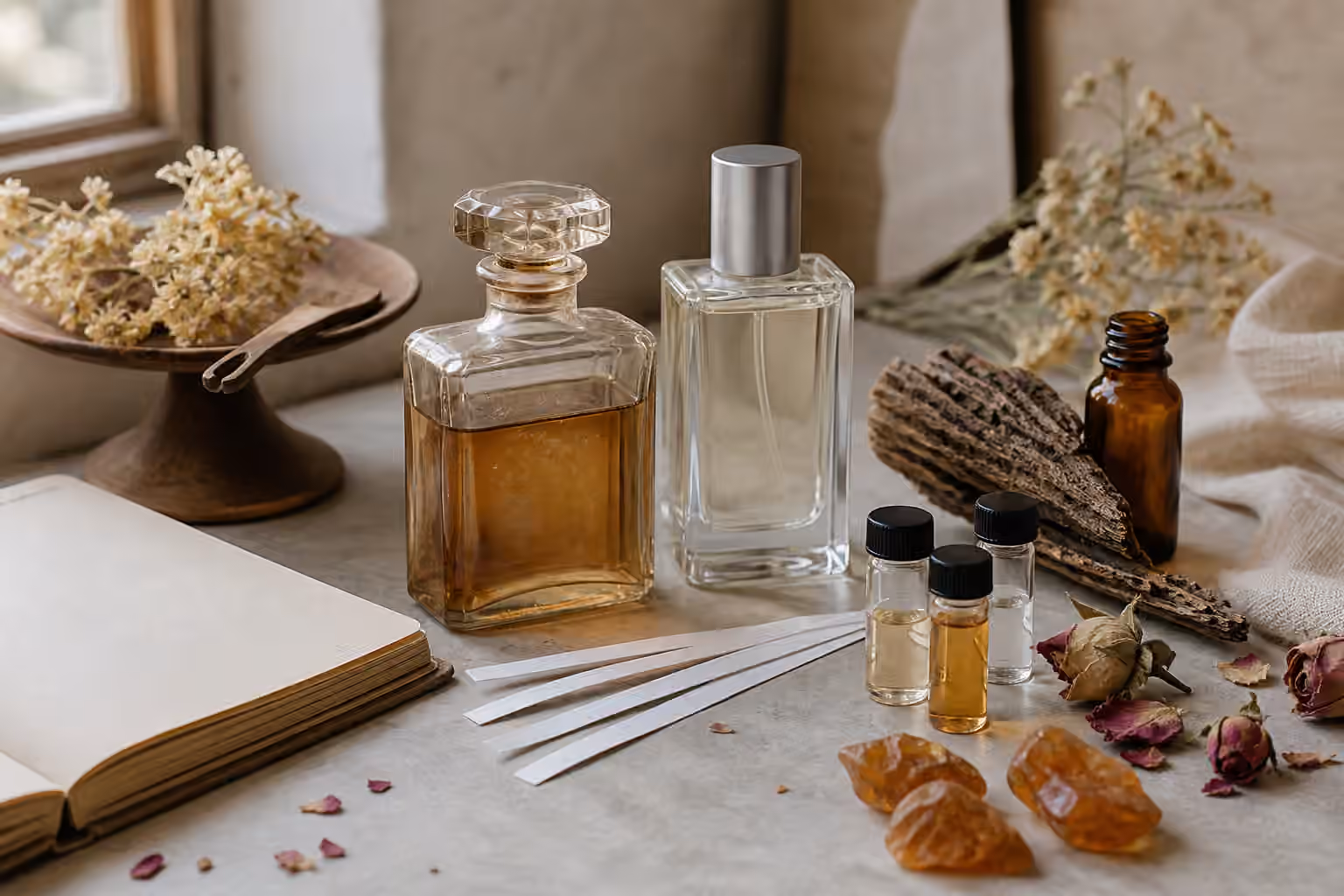 A fragrance desk with an older unbranded bottle, a newer unbranded bottle, sample vials, blotters, dried flowers, wood, and a notebook.