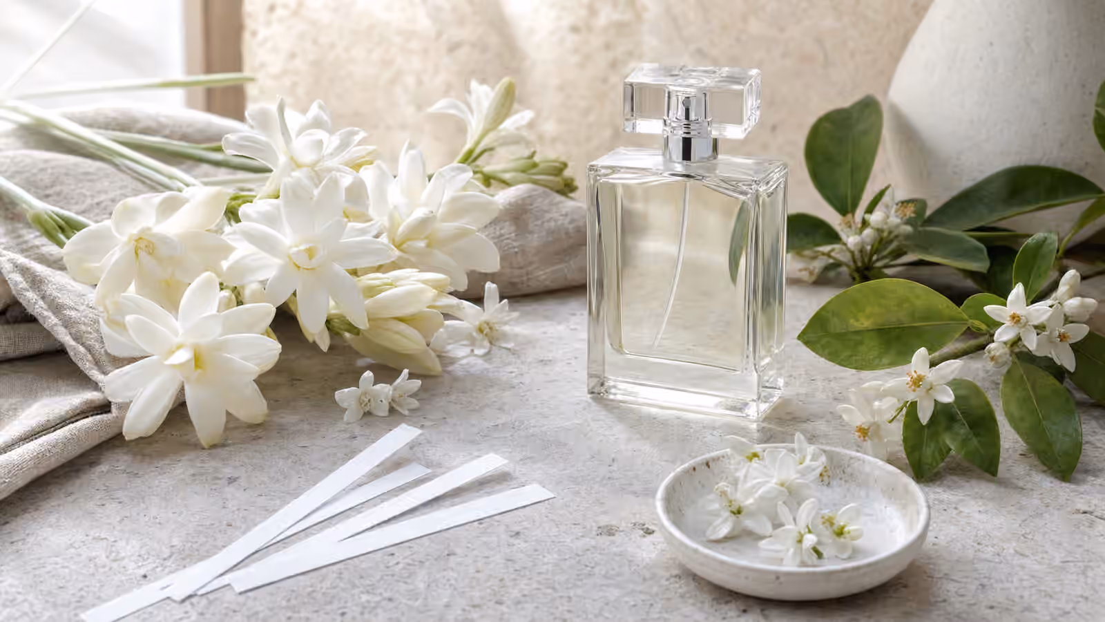 An unbranded clear perfume bottle with jasmine-like blossoms, tuberose-style white flowers, orange blossom sprigs, green leaves, and blotter strips.