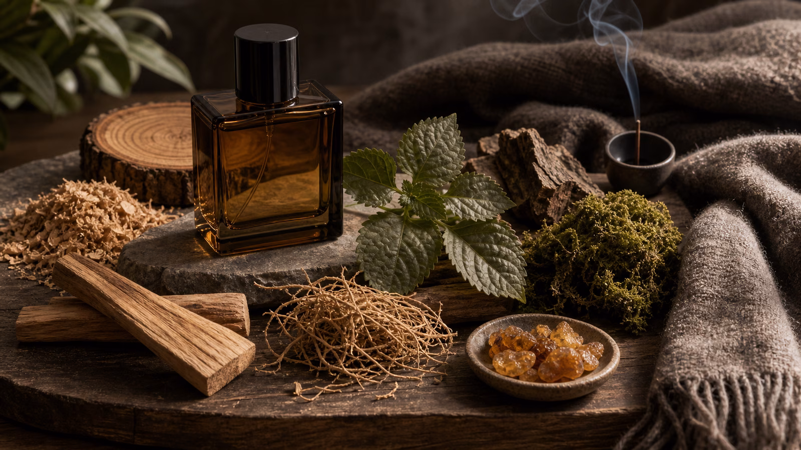 A woody fragrance drydown board with perfume bottle, cedar shavings, sandalwood, vetiver roots, patchouli leaves, moss, incense, amber resin, and wool scarf
