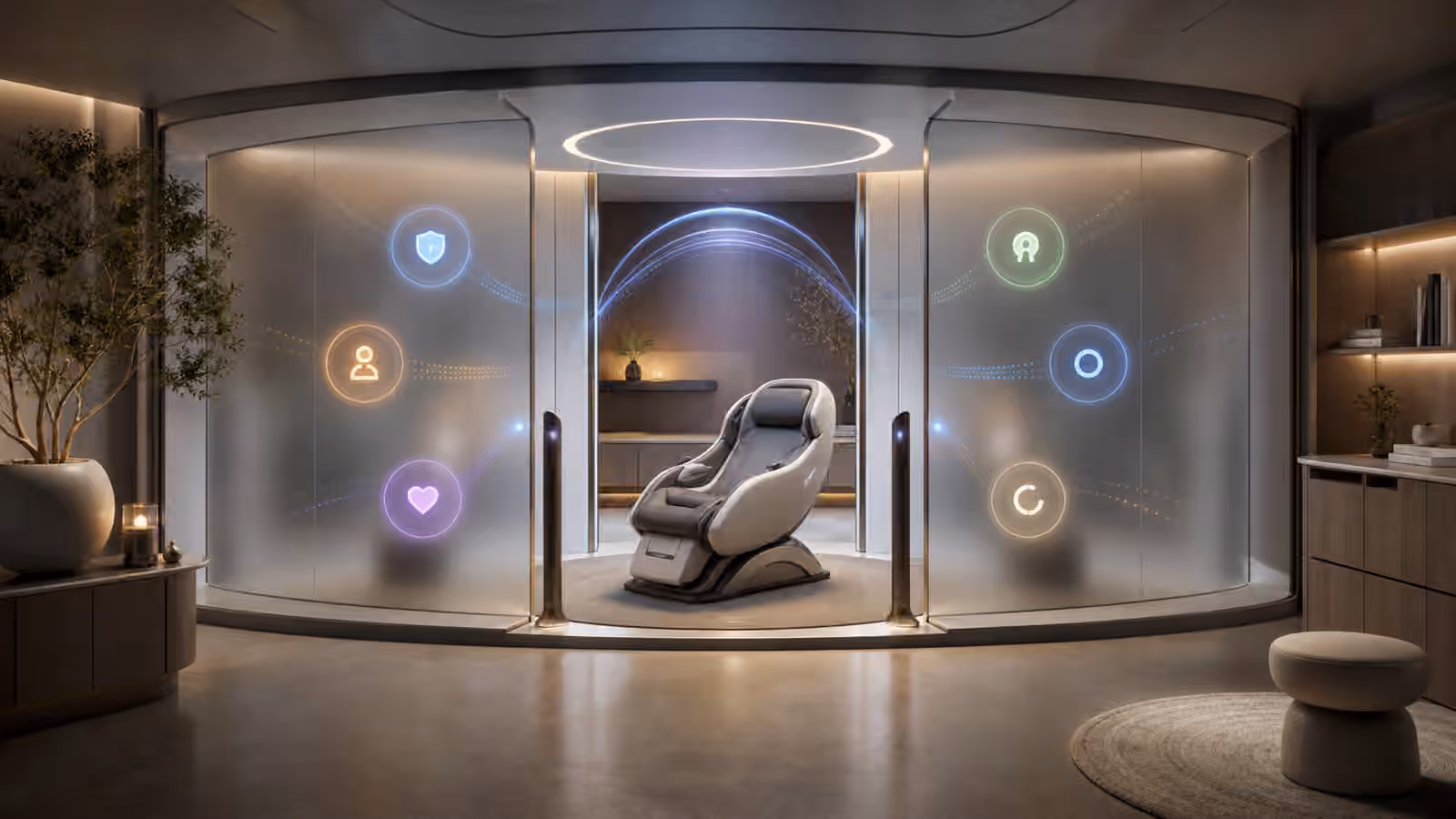 A calm full dive VR access room with an empty immersion chair, soft biometric arcs, and abstract credential tokens near a privacy threshold.