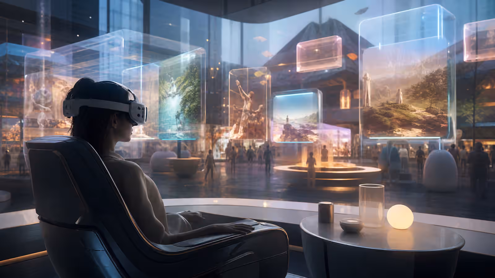 A seated full dive VR user facing translucent virtual market panels in a calm immersive atrium.