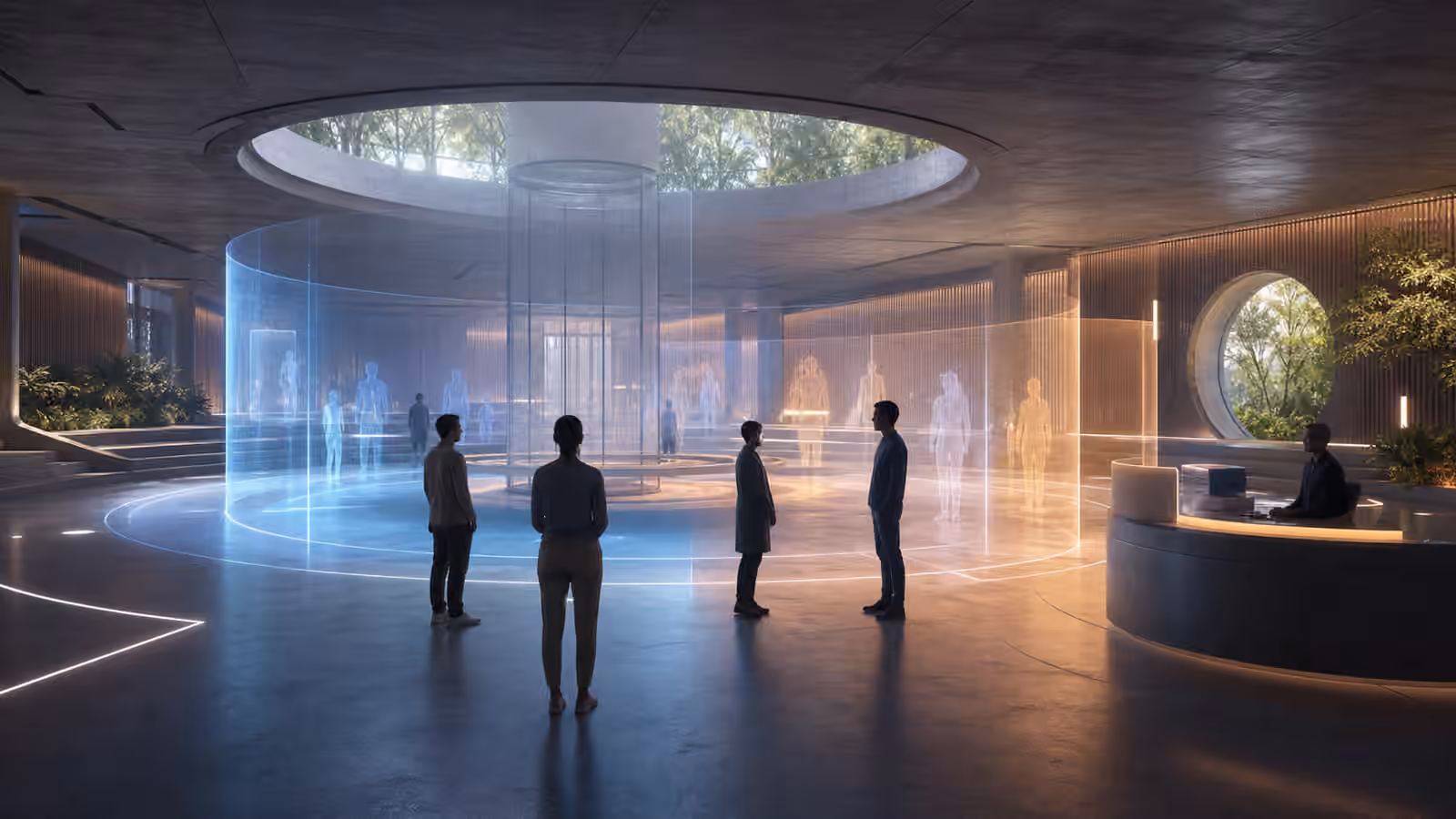 A shared full dive VR atrium with avatar silhouettes, soft boundary zones, and a neutral facilitator station.