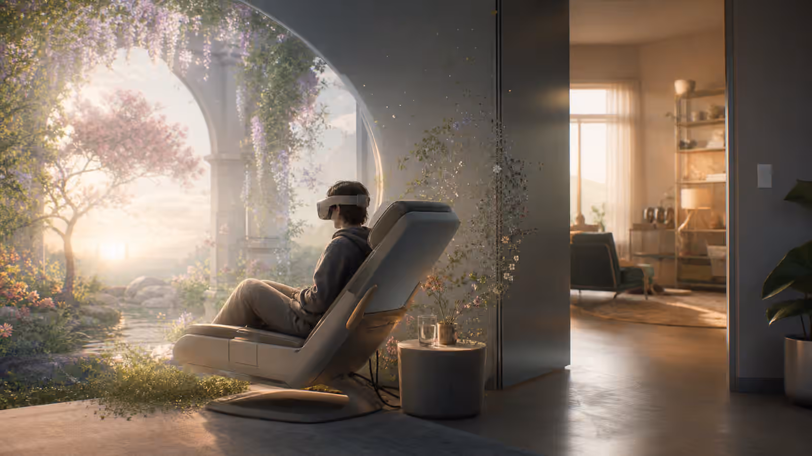 A person seated in a full dive VR chair as a virtual garden fades into a quiet real room.