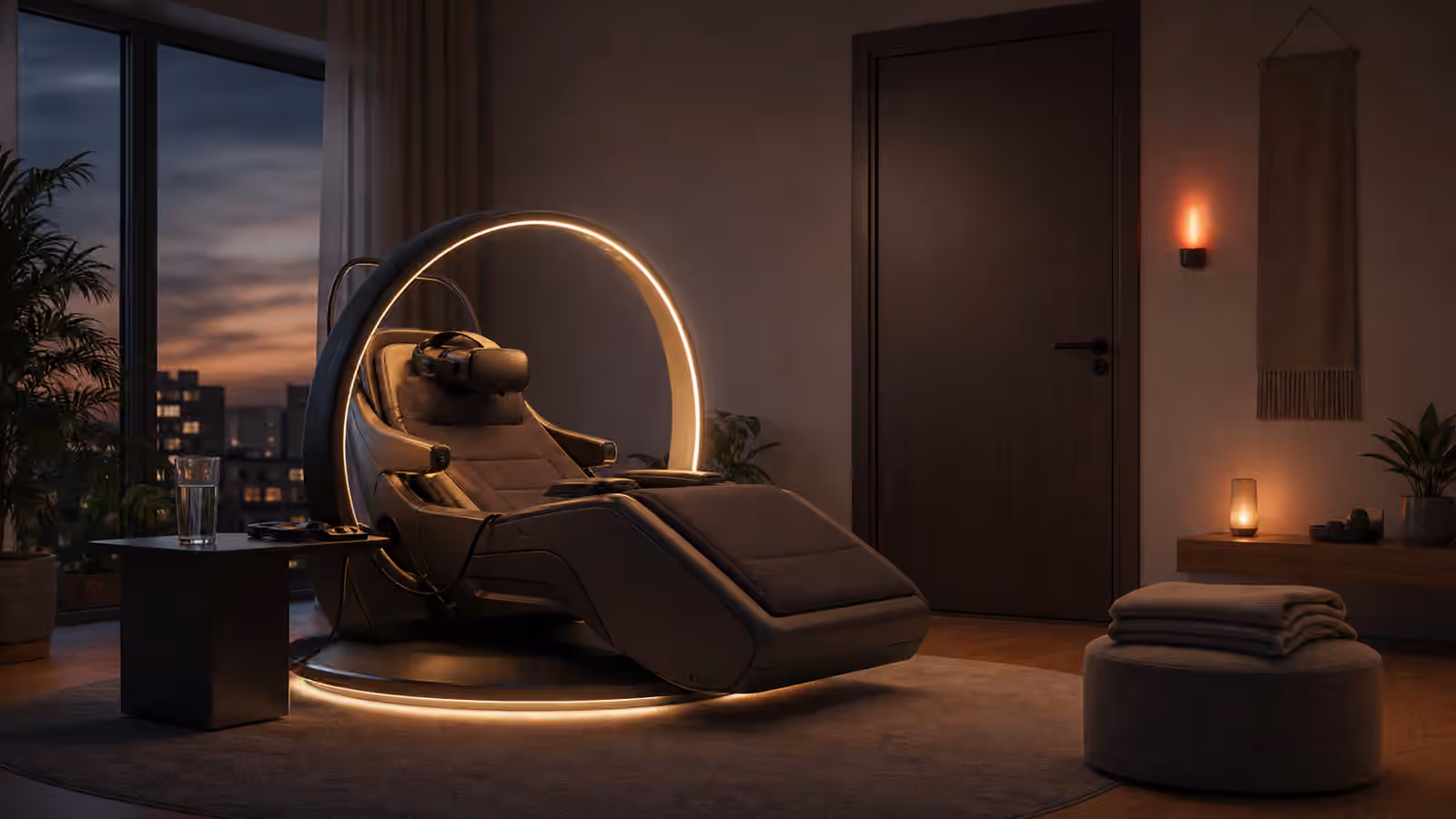 A quiet apartment room with a reclined full dive VR chair, privacy door, soft status light, folded blanket, and water glass.