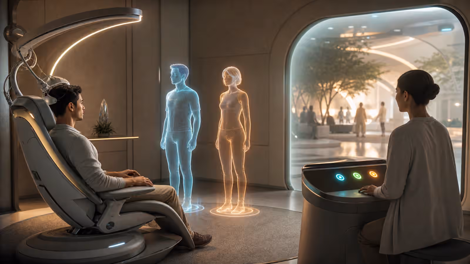 A calm full dive VR threshold room with a participant, avatar silhouettes, sensor arcs, and abstract verification lights.