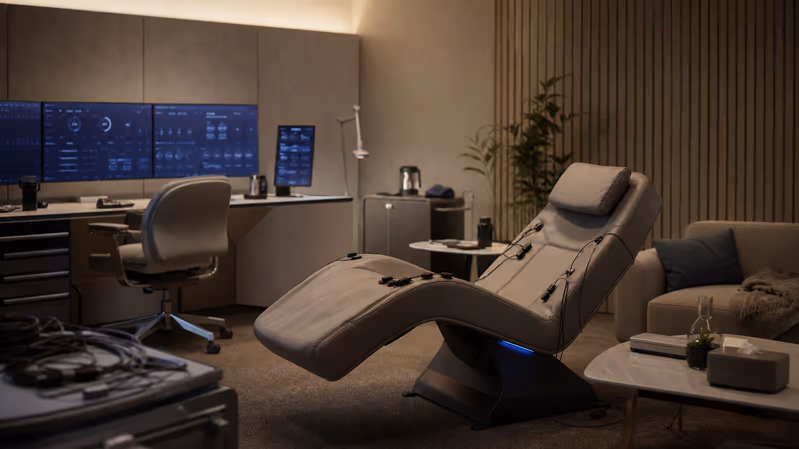 A quiet full dive VR support room with an empty immersion chair, facilitator screens, and a neutral recovery area.