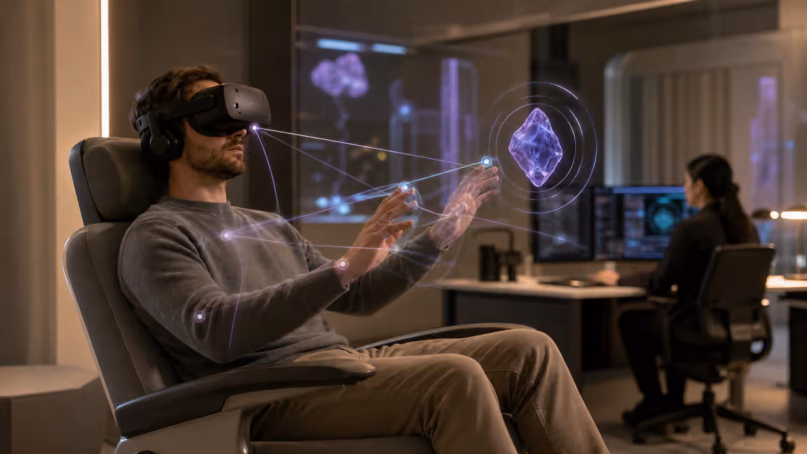 A participant in a full dive chair tests a virtual object while soft signal paths suggest intent and control.