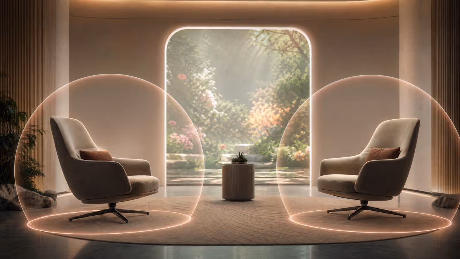 Two empty full dive VR chairs with soft personal-space boundaries near a quiet virtual garden threshold.