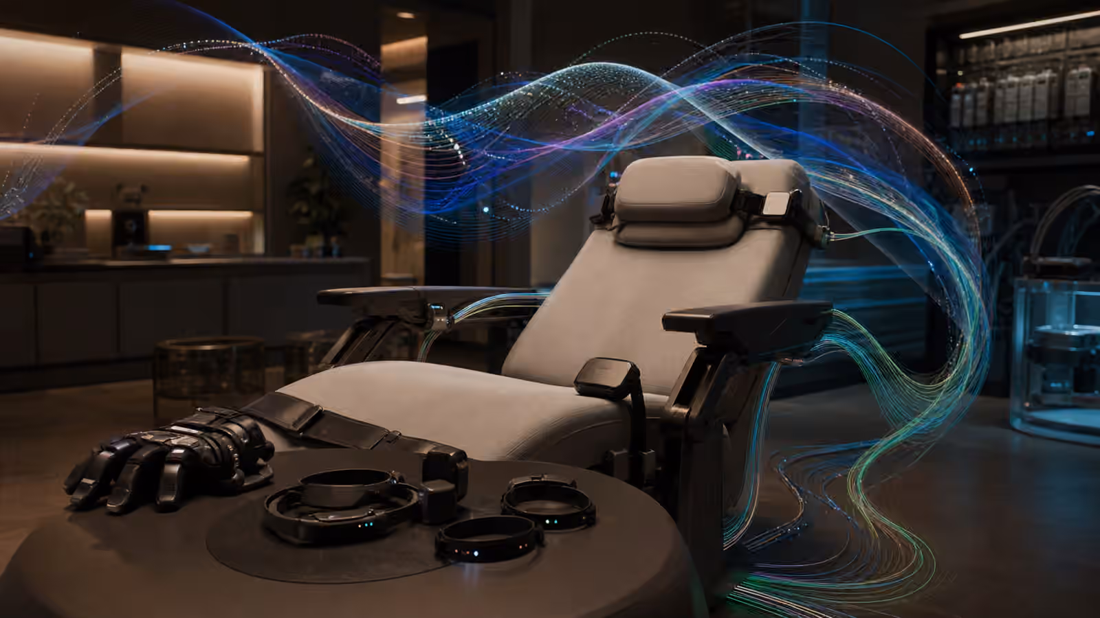 A near-future immersion chair surrounded by abstract sensor paths and haptic gear.