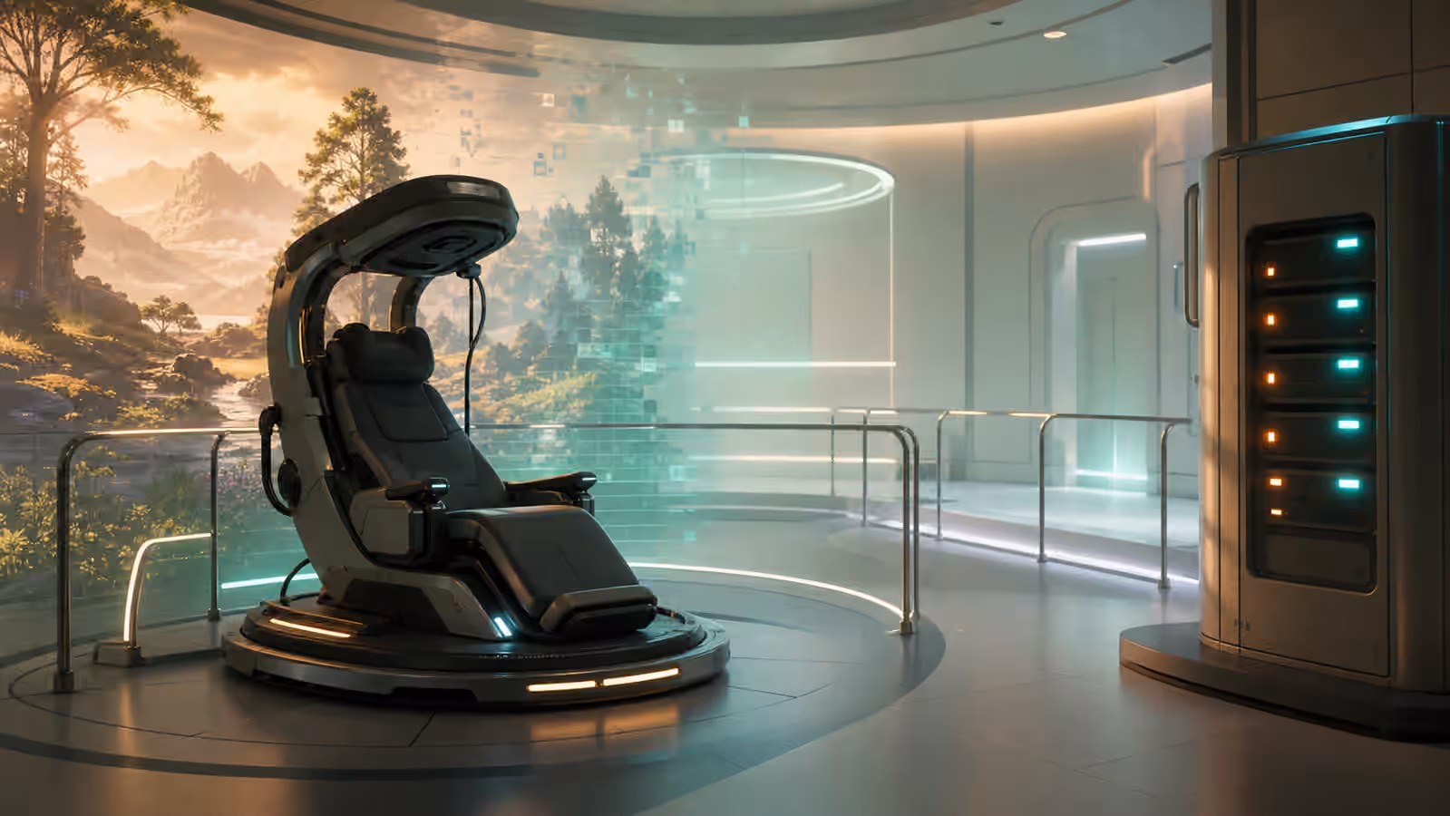 An empty full dive VR chair in a support room where a virtual landscape fades into a calm local safe mode with handrails.