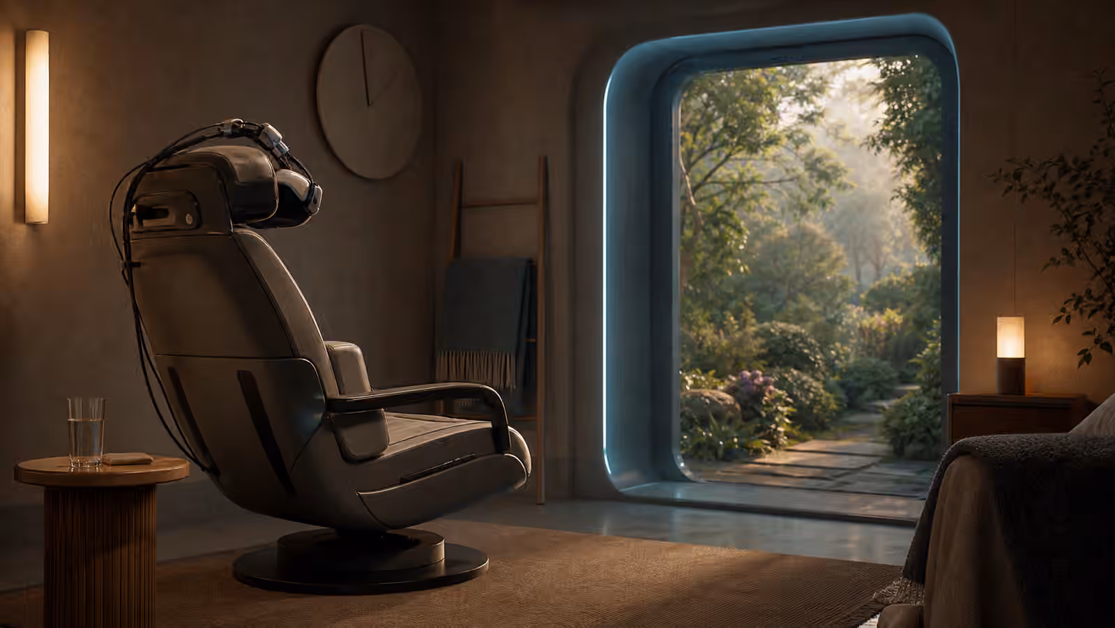 A quiet full dive VR threshold room with an immersion chair, water glass, blanket, wall light, and glowing virtual garden doorway.