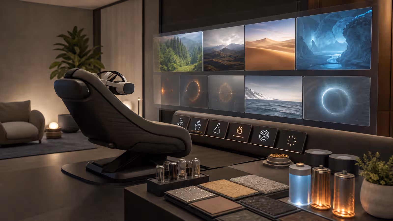 A calm full dive VR preview room with landscape panels, sensory modules, tactile swatches, and abstract rating icons.