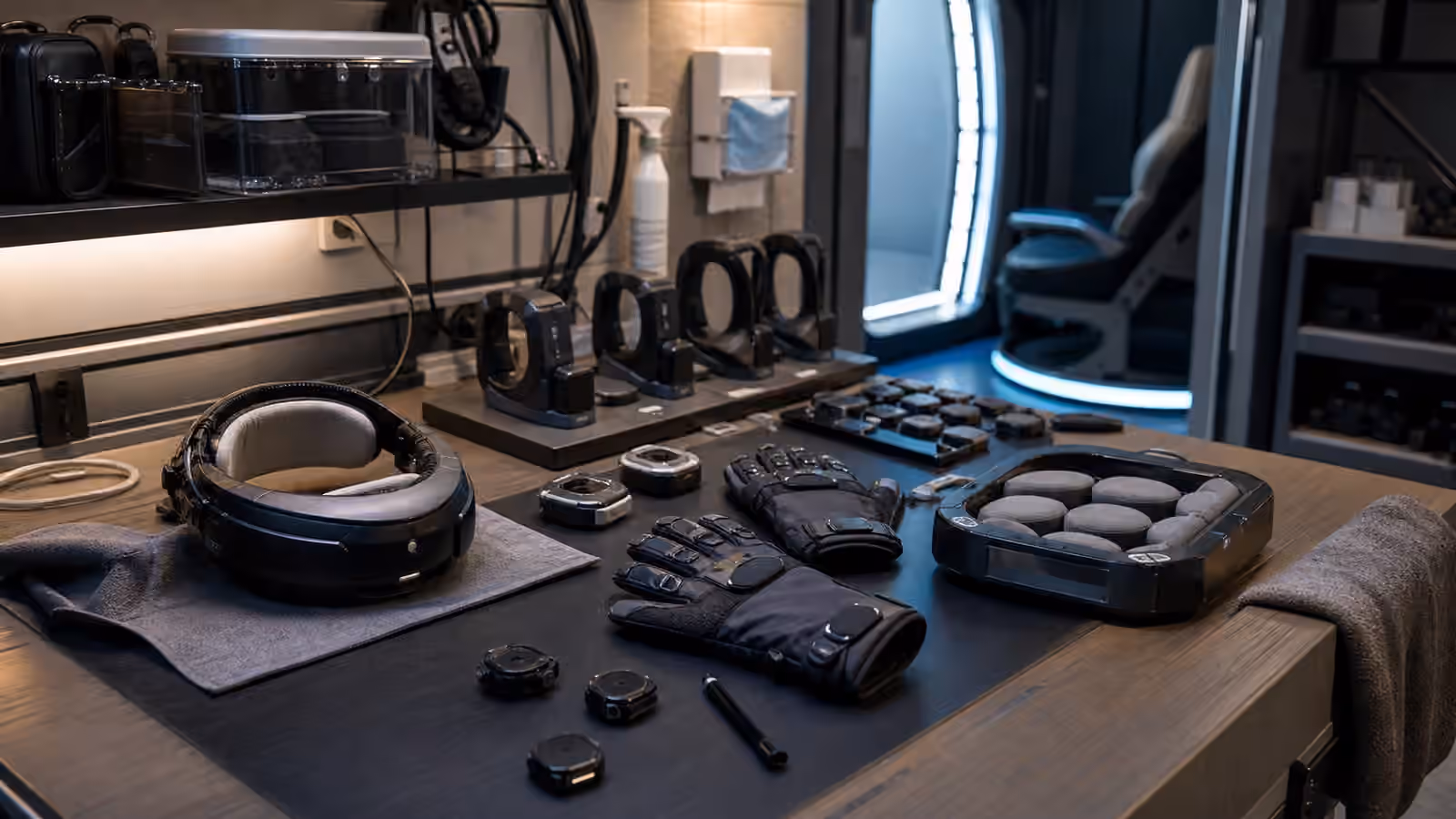 A tidy full dive VR maintenance bench with haptic gloves, headband hardware, fabric liners, and sensor modules.