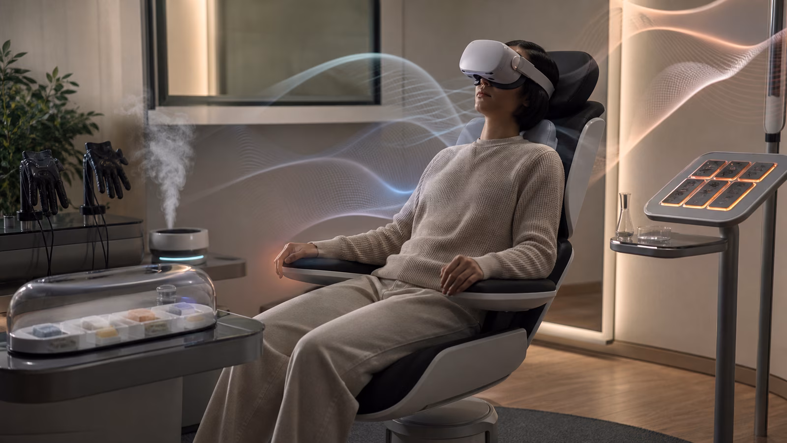 A participant in a sensory calibration room with scent vapor, flavor samples, thermal panels, haptic gloves, and soft abstract waveforms.