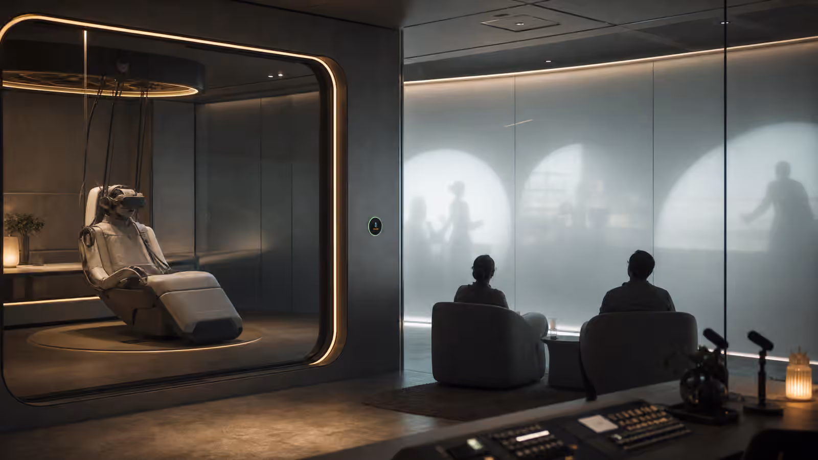 A private full dive VR room separated from a subdued observation lounge by frosted privacy glass.