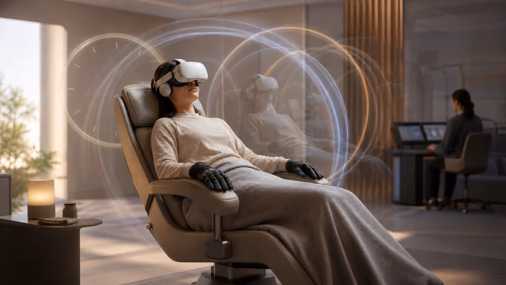 A participant in a full dive timing room with soft translucent time rings around the interface chair.