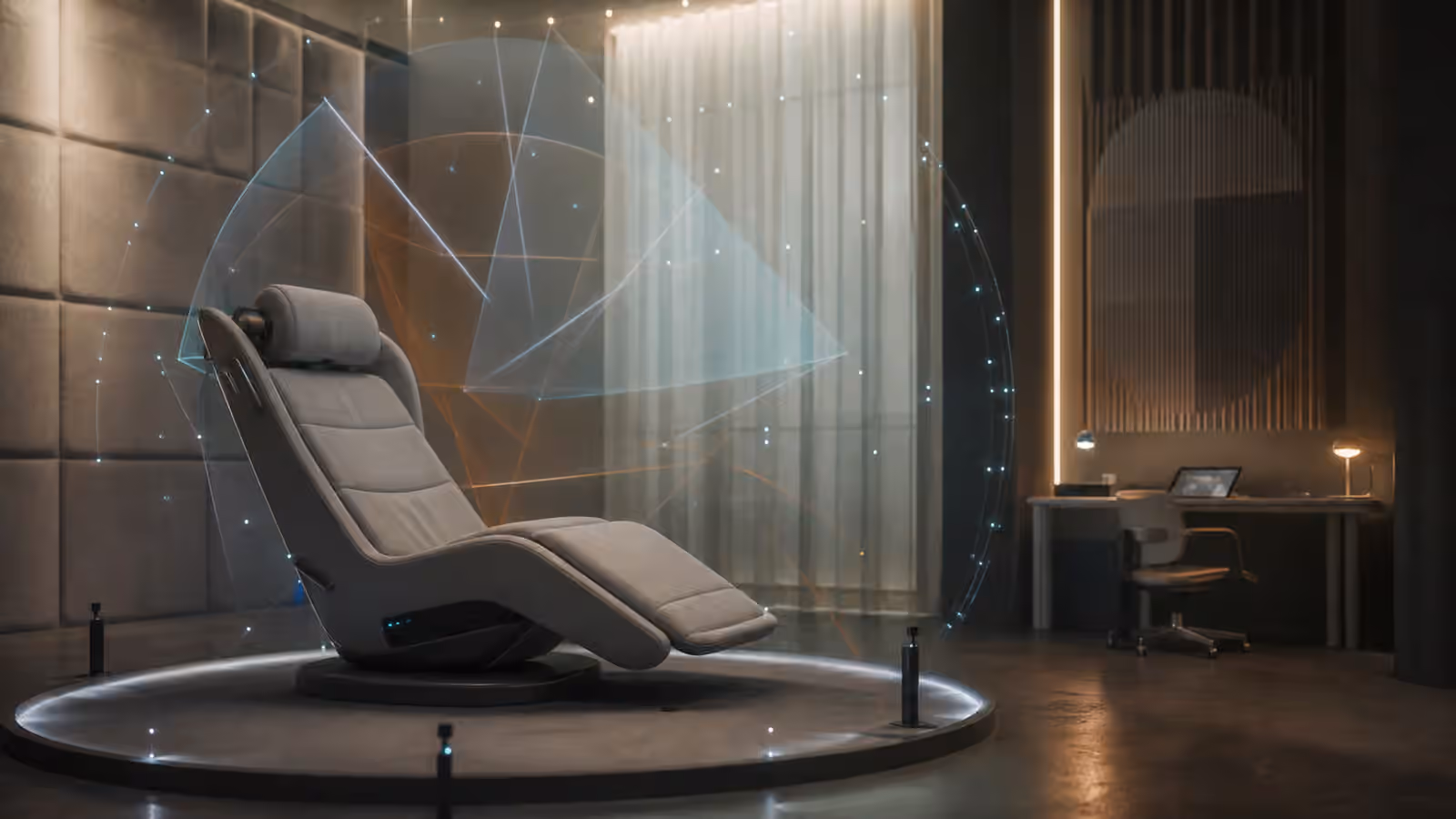 A quiet full dive VR calibration room with an empty immersion chair and soft geometric visual fields.