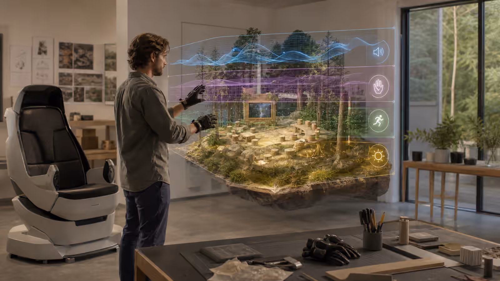 A creator shaping a layered virtual forest classroom in a full dive authoring studio.