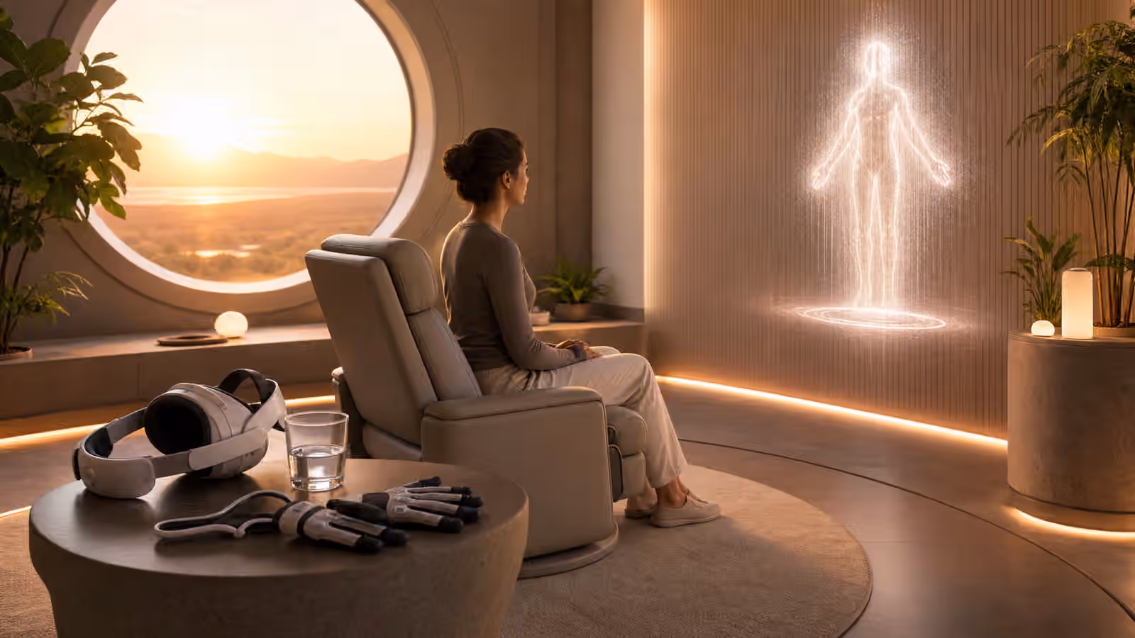 Full dive VR reorientation room with headset, gloves, chair, and water glass