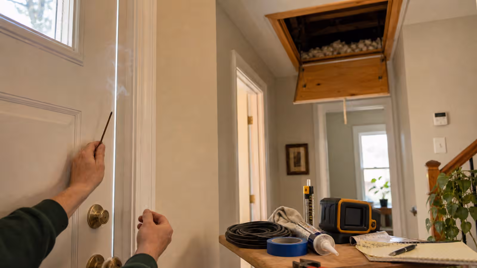 A homeowner checks door drafts while weatherization tools and an open attic hatch sit nearby.