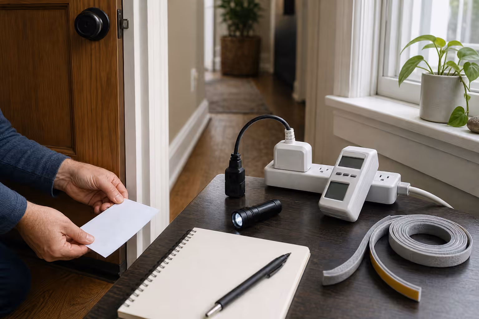Home energy audit tools beside a door draft check