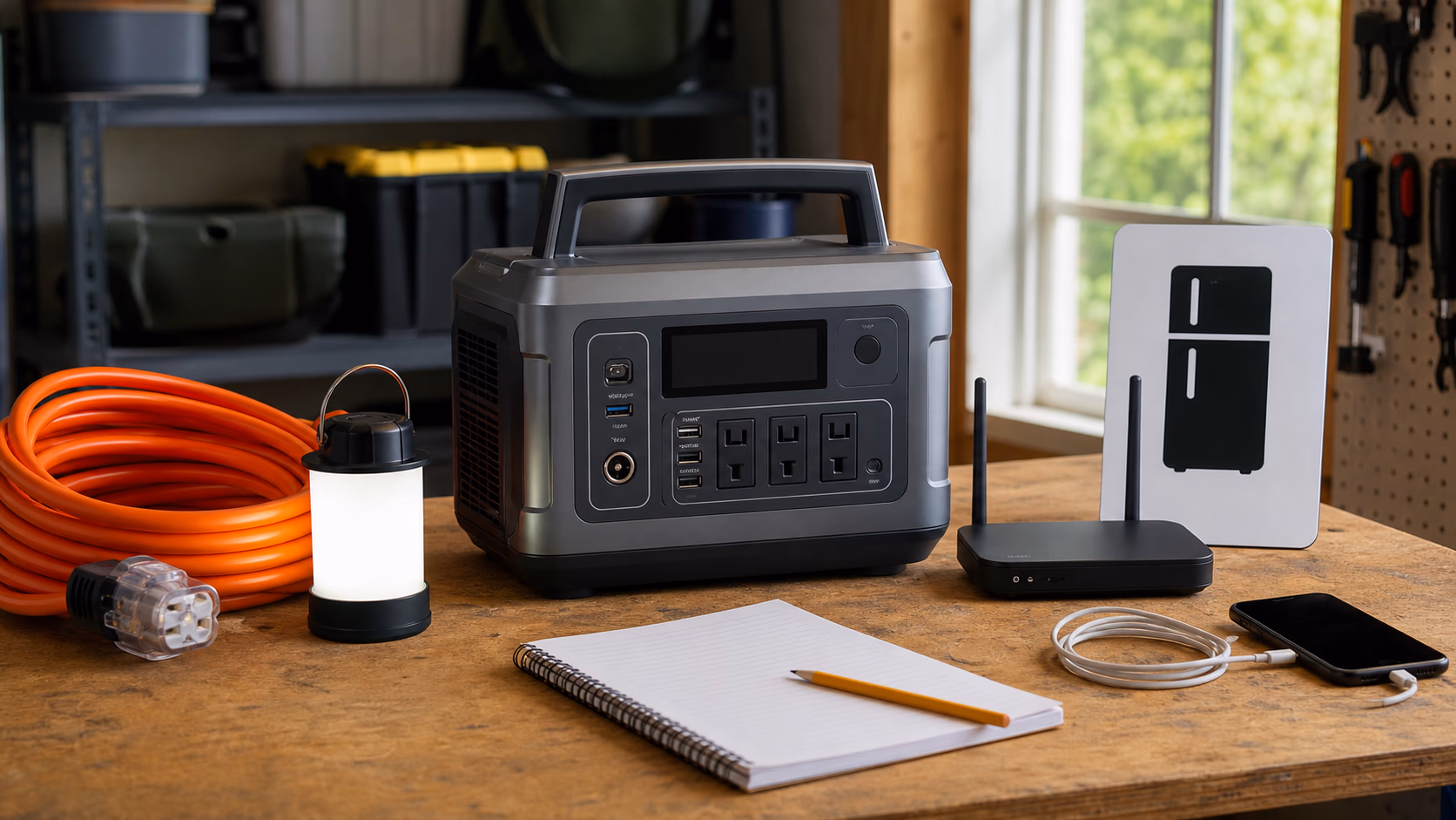 A backup power bench with batteries, outlets, load notes, and small household devices arranged for outage planning