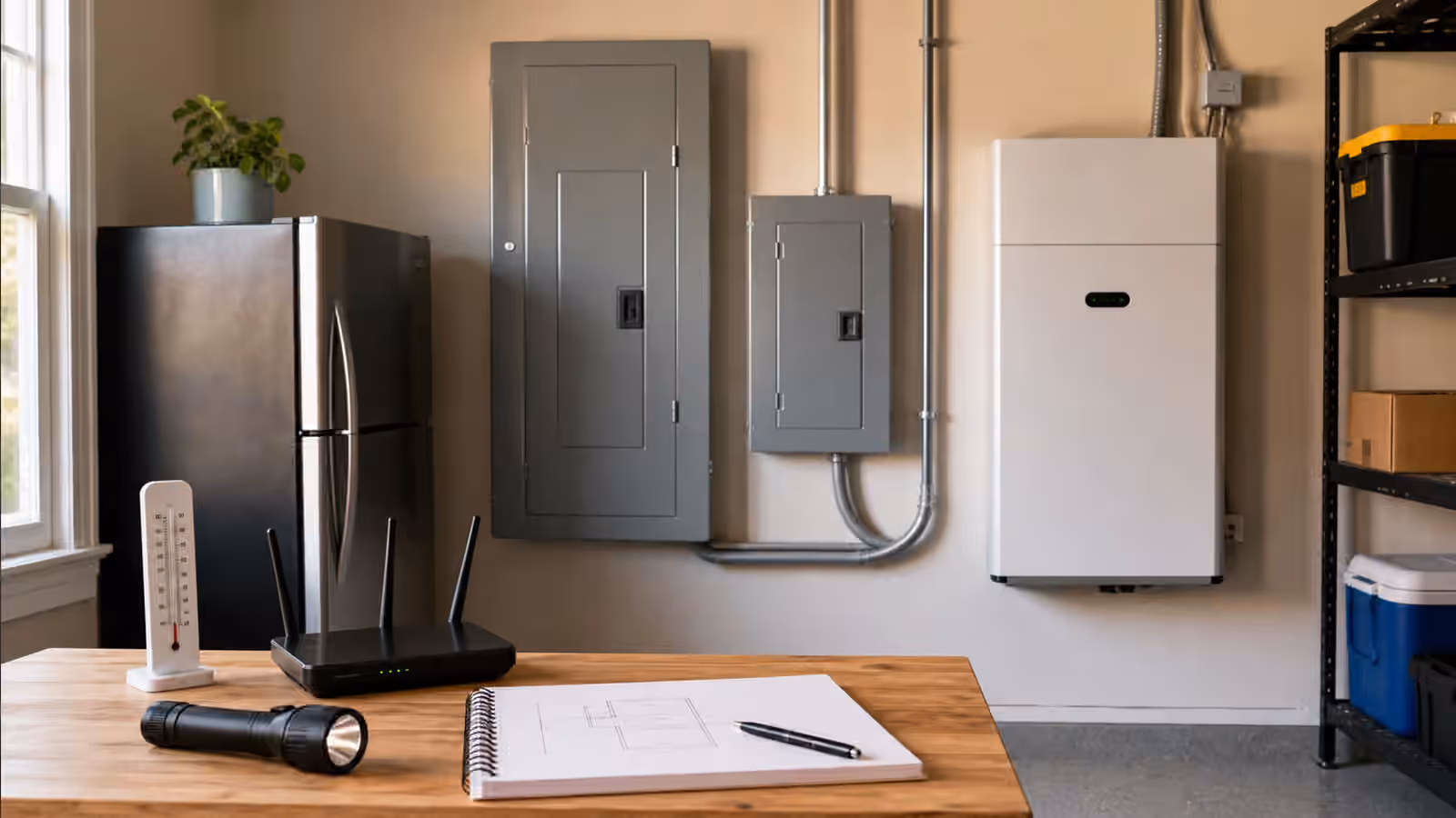 A utility room with closed electrical panels, backup equipment, flashlight, router, thermometer, and a blank circuit sketch.