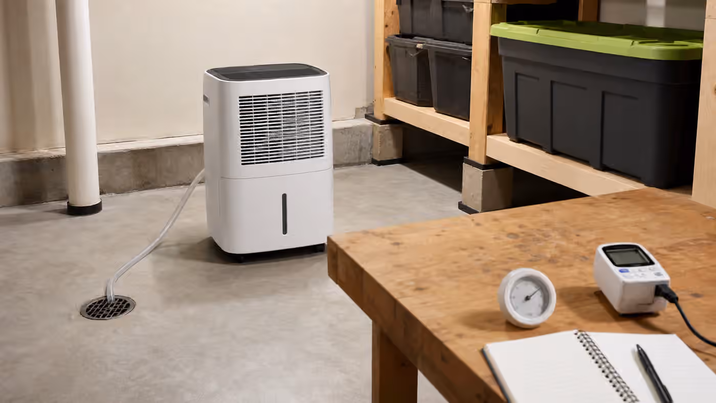 A clean basement corner with a dehumidifier, floor drain, raised storage bins, plug-in meter, small humidity gauge, and notebook.