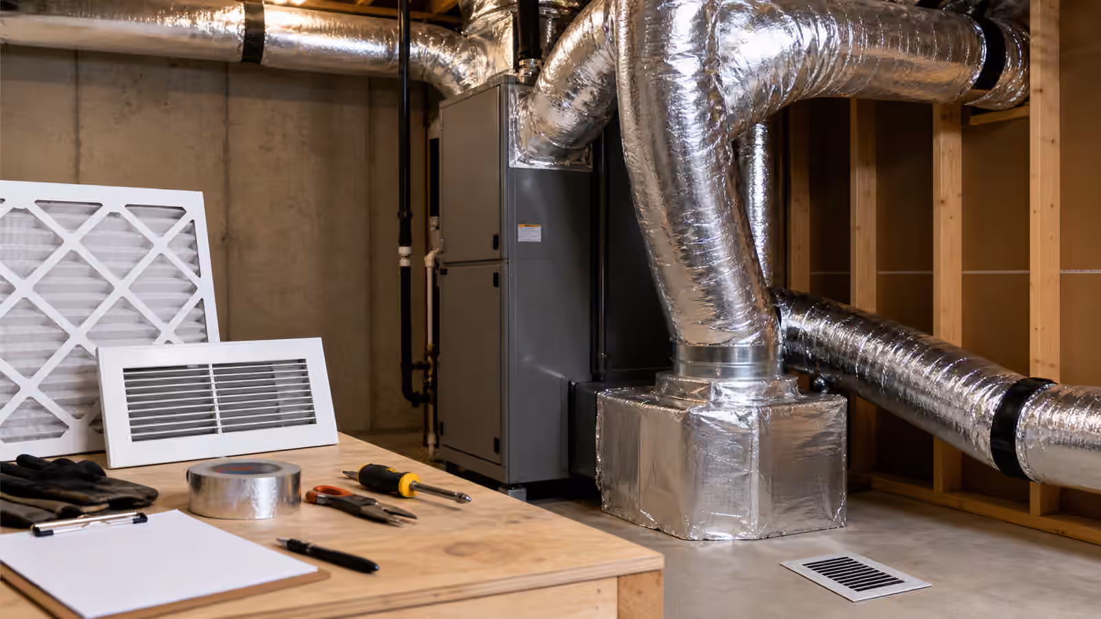 A residential mechanical area with clean insulated ducts, an HVAC filter, register, tools, and planning paper.
