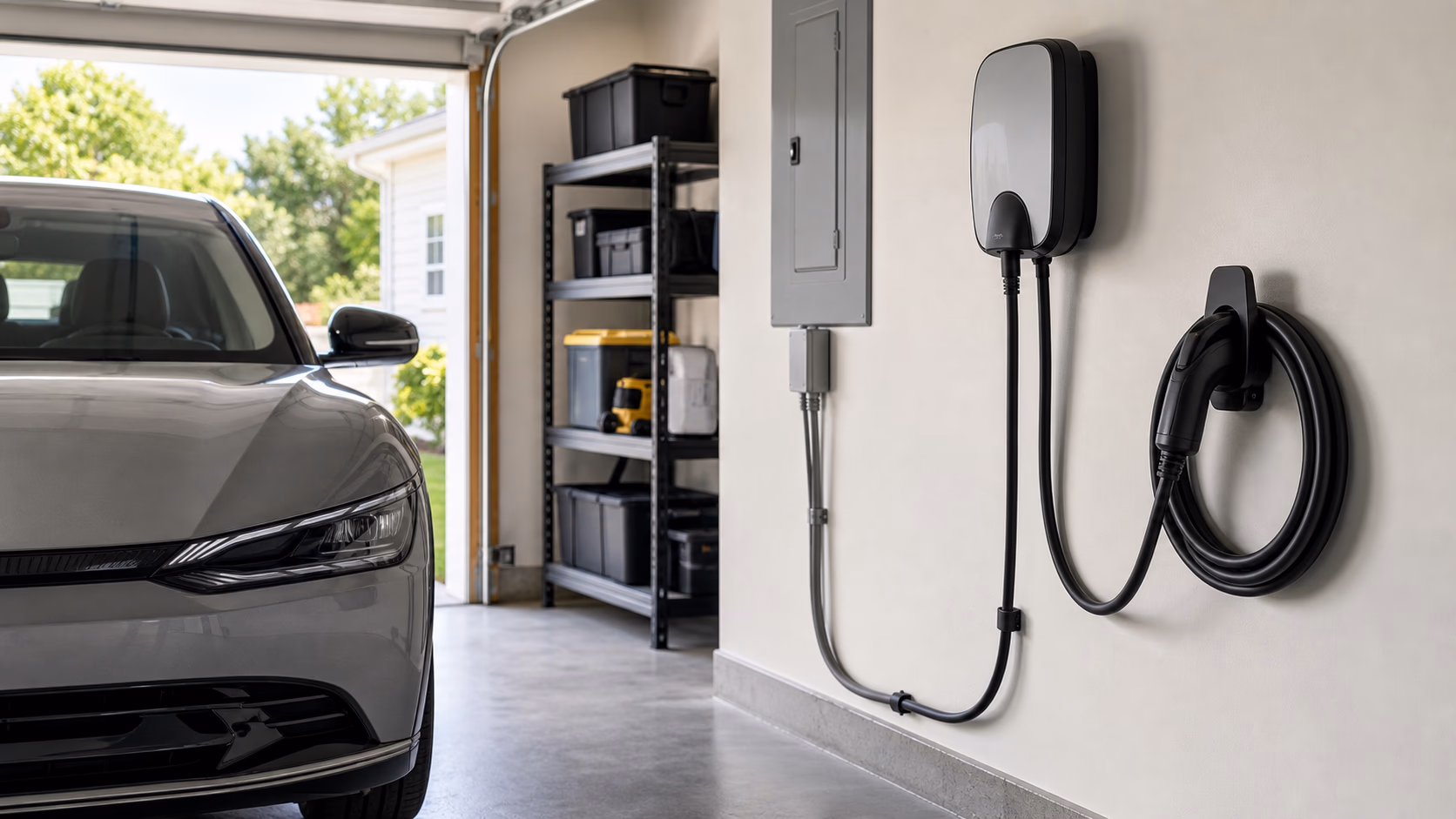 A practical garage EV charging scene with a parked vehicle, wall charger, electrical panel, and cable route
