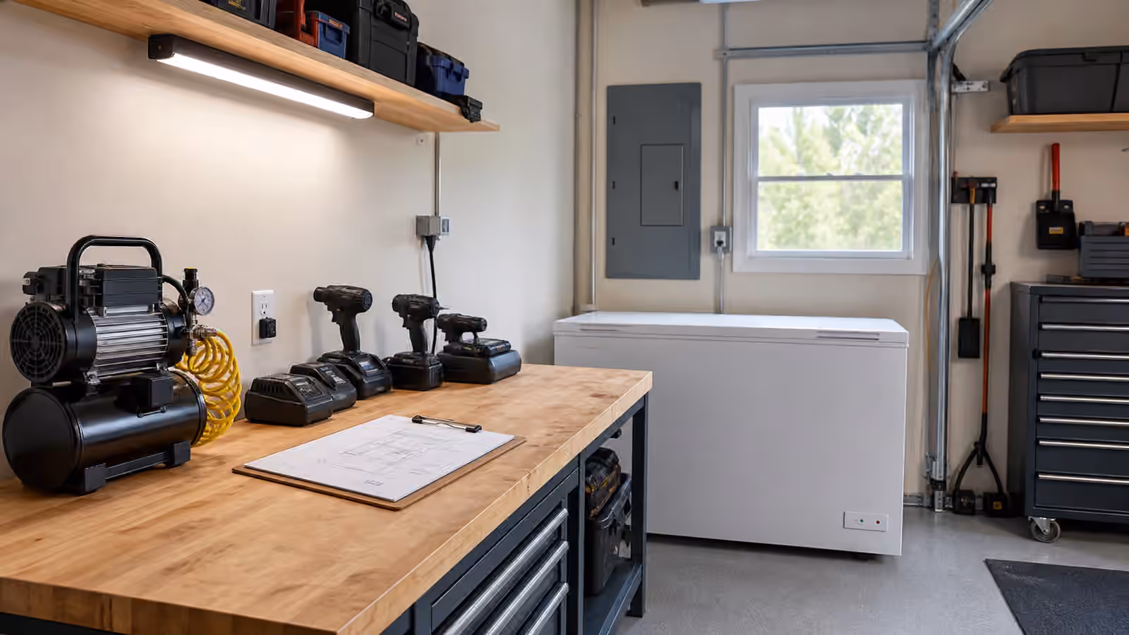 A clean garage workbench with tool chargers, a small compressor, chest freezer, closed electrical panel, and planning clipboard.